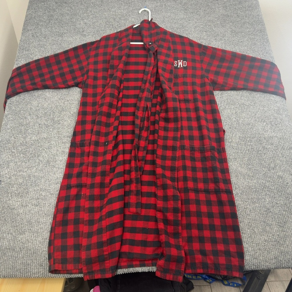 LL Bean Robe Mens M Red 100% Cotton Buffalo Plaid Monogrammed Flannel‎ Classic